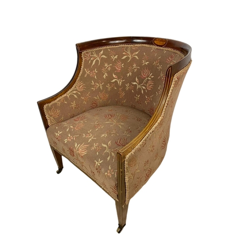 894 - Edwardian inlaid mahogany tub armchair in the Sheraton style, 60x70x77cm