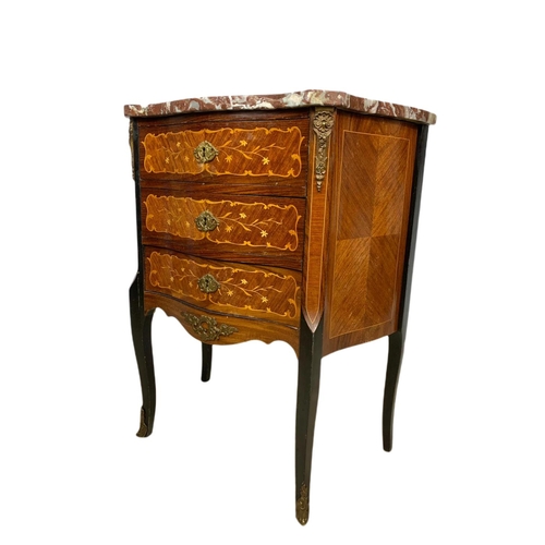 899 - Vintage inlaid 3 drawer marble top French chest with brass ormolu mounts. 59.5x31x70.5cm