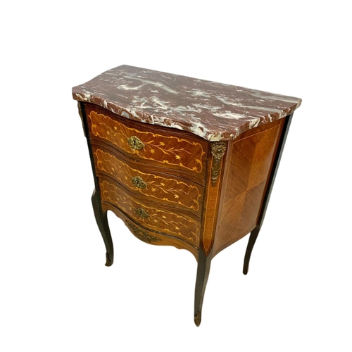 899 - Vintage inlaid 3 drawer marble top French chest with brass ormolu mounts. 59.5x31x70.5cm