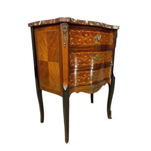 899 - Vintage inlaid 3 drawer marble top French chest with brass ormolu mounts. 59.5x31x70.5cm