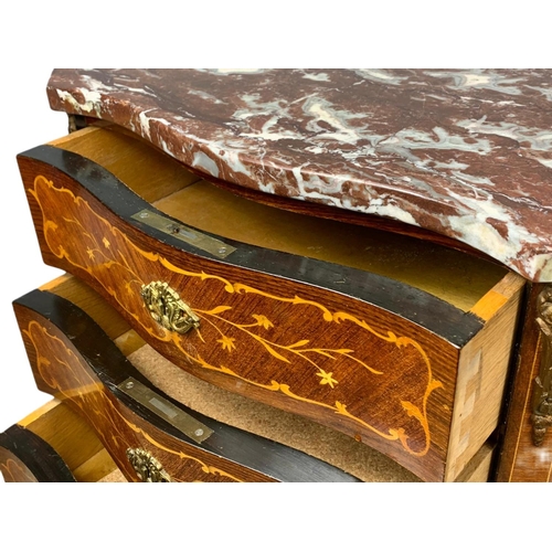 899 - Vintage inlaid 3 drawer marble top French chest with brass ormolu mounts. 59.5x31x70.5cm