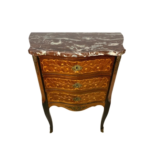 899 - Vintage inlaid 3 drawer marble top French chest with brass ormolu mounts. 59.5x31x70.5cm