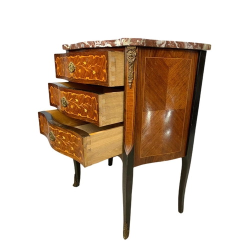 899 - Vintage inlaid 3 drawer marble top French chest with brass ormolu mounts. 59.5x31x70.5cm