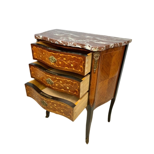 899 - Vintage inlaid 3 drawer marble top French chest with brass ormolu mounts. 59.5x31x70.5cm