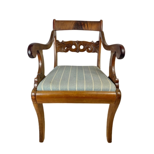 922 - 19th century mahogany continental sabre leg armchair.