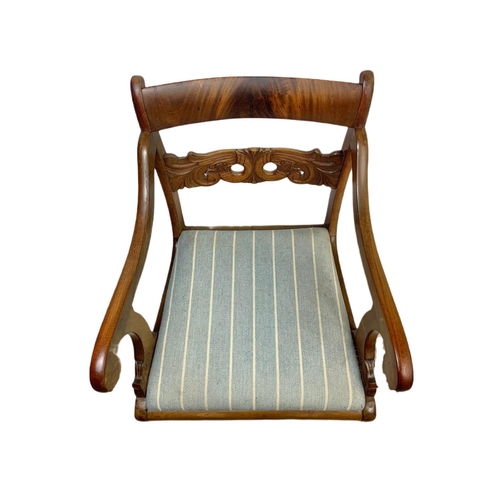 922 - 19th century mahogany continental sabre leg armchair.