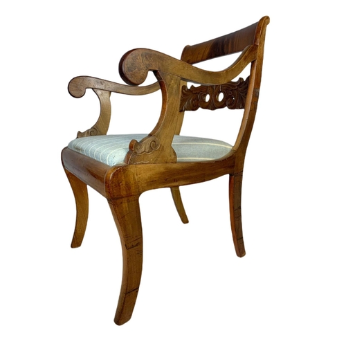 922 - 19th century mahogany continental sabre leg armchair.