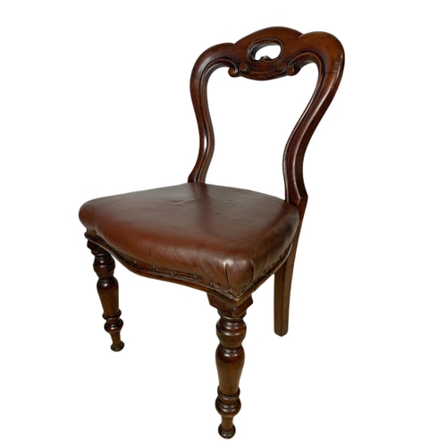 925 - Set of 4 Victorian mahogany balloon back chairs with original leather seats.