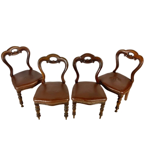 925 - Set of 4 Victorian mahogany balloon back chairs with original leather seats.