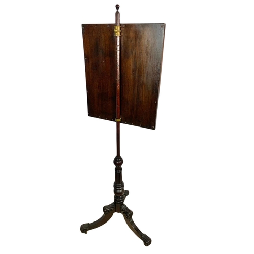 945 - William IV carved mahogany pole screen with silk picture. 146cm.