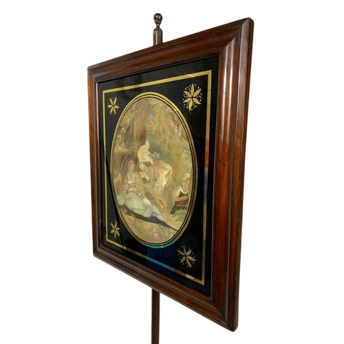 945 - William IV carved mahogany pole screen with silk picture. 146cm.