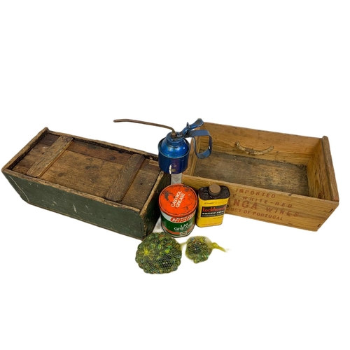 247 - Victorian wooden tool box, vintage marbles, Castrol grease, oil cans and a Alianca wine crate. 38cm