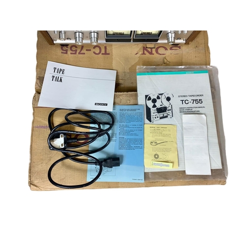 273 - Vintage Sony TC-755 stereo tape recorder with leads, box and paperwork. 43x17.5x45cm.