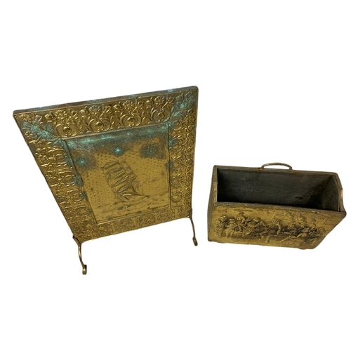 330 - Vintage brass fire screen, magazine rack and coal box. 44cm