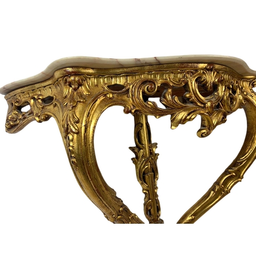 944 - 18th century style ornate gilt onyx top console table in the rococo style. 87x33x70cm