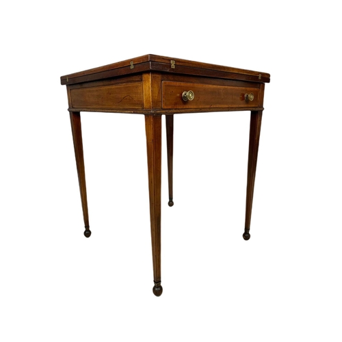 955 - Edwardian inlaid mahogany envelope card table with drawer. 60x60x74cm