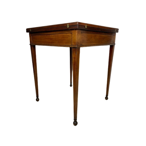 955 - Edwardian inlaid mahogany envelope card table with drawer. 60x60x74cm