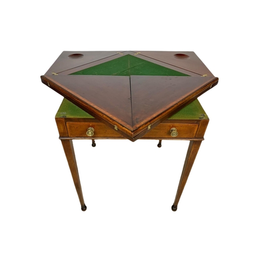 955 - Edwardian inlaid mahogany envelope card table with drawer. 60x60x74cm