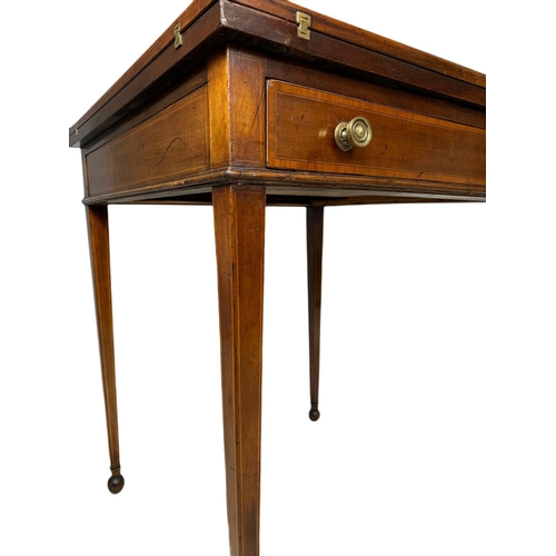 955 - Edwardian inlaid mahogany envelope card table with drawer. 60x60x74cm