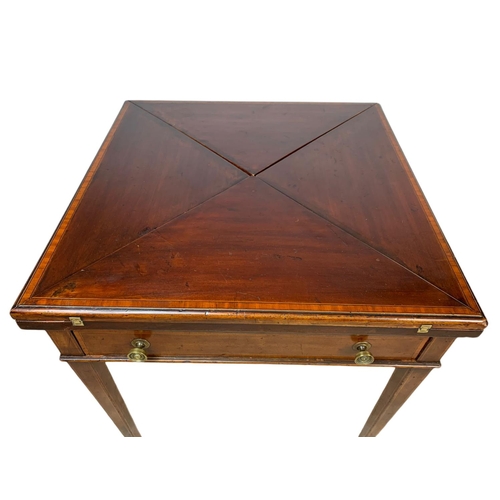 955 - Edwardian inlaid mahogany envelope card table with drawer. 60x60x74cm