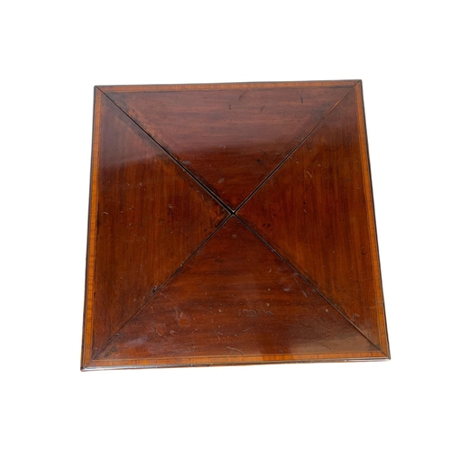 955 - Edwardian inlaid mahogany envelope card table with drawer. 60x60x74cm