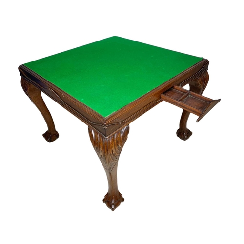 957 - Large Chippendale style games table with drawer and ball and claw feet. 89x89x65cm.