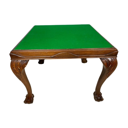 957 - Large Chippendale style games table with drawer and ball and claw feet. 89x89x65cm.