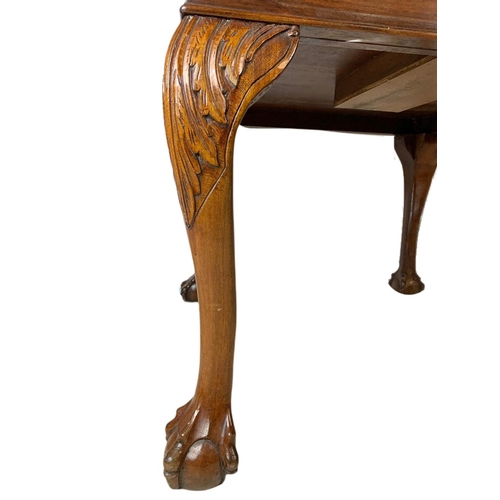 957 - Large Chippendale style games table with drawer and ball and claw feet. 89x89x65cm.