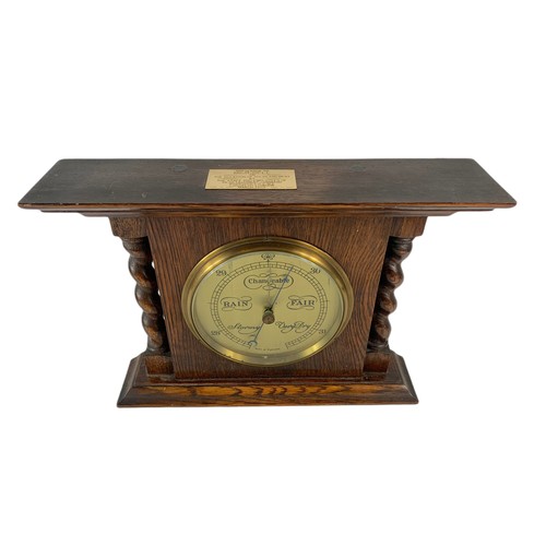 300 - Vintage oak case barometer. Presented to Mr R. Bell on the occasion of his retirement by the staff a... 