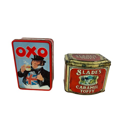 302 - 2 early 20th century money boxes and 2 vintage tins. OXO and Slade’s Caramel Toffy