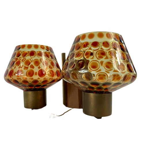 305 - Pair of vintage brass and oak wall light with glass shades, and 2 extra shades. 31/16cm