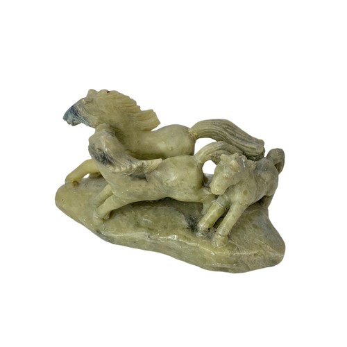 490 - 3 Chinese jade horse figures and a vintage brass framed display case. Case measures 20/20cm