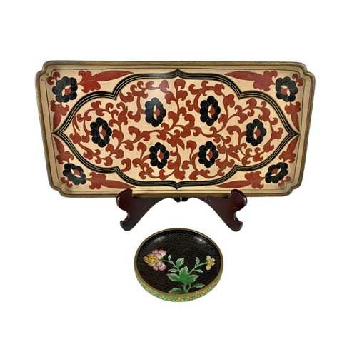 496 - 2 pieces of early 20th century cloisonné. A trays and a dish. Tray measures 41/21cm