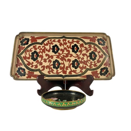 496 - 2 pieces of early 20th century cloisonné. A trays and a dish. Tray measures 41/21cm