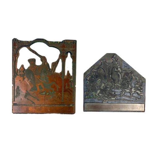 324 - 5 late 19th century copper and lead printing plates. Largest 21/28cm