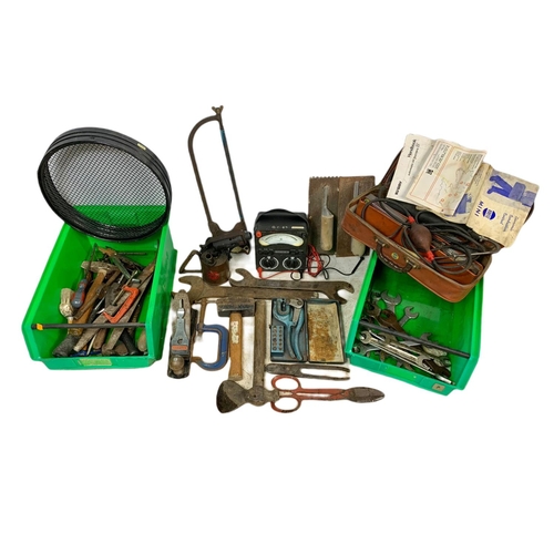 382 - Quantity of vintage hand tools. Including an Avometer, Monitor burner, large spanners, Stanley plann... 