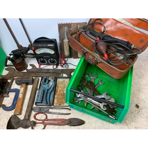 382 - Quantity of vintage hand tools. Including an Avometer, Monitor burner, large spanners, Stanley plann... 