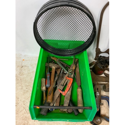 382 - Quantity of vintage hand tools. Including an Avometer, Monitor burner, large spanners, Stanley plann... 