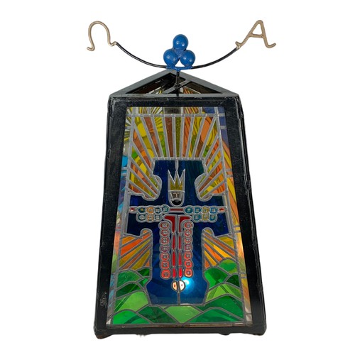 356 - Large religious stain glass light fitting with wrought iron frame. 45/84cm