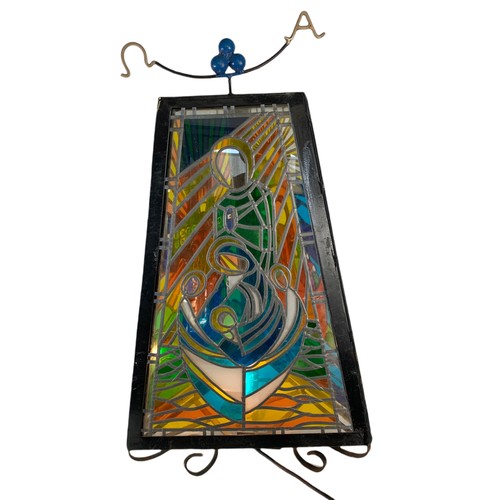 356 - Large religious stain glass light fitting with wrought iron frame. 45/84cm