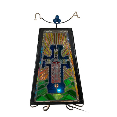 356 - Large religious stain glass light fitting with wrought iron frame. 45/84cm