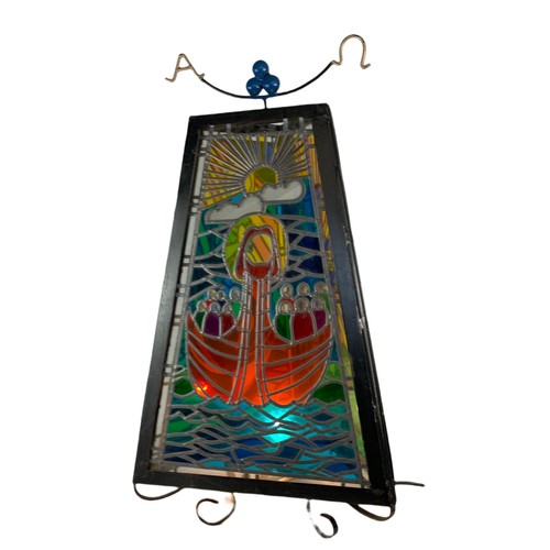 356 - Large religious stain glass light fitting with wrought iron frame. 45/84cm