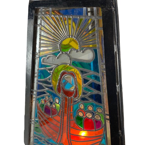 356 - Large religious stain glass light fitting with wrought iron frame. 45/84cm