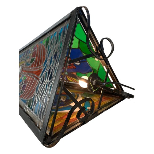 356 - Large religious stain glass light fitting with wrought iron frame. 45/84cm