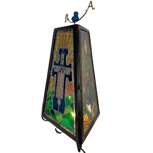 356 - Large religious stain glass light fitting with wrought iron frame. 45/84cm