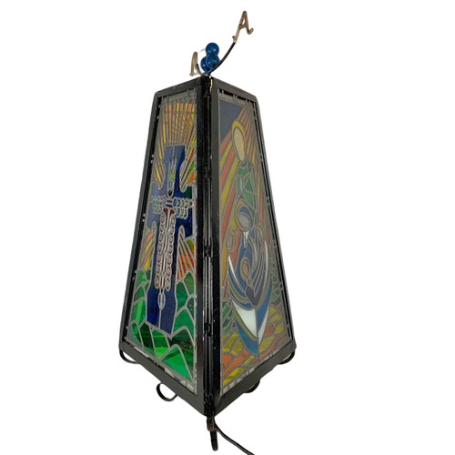 356 - Large religious stain glass light fitting with wrought iron frame. 45/84cm