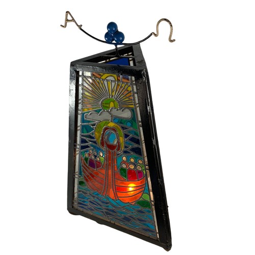 356 - Large religious stain glass light fitting with wrought iron frame. 45/84cm