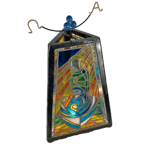 356 - Large religious stain glass light fitting with wrought iron frame. 45/84cm