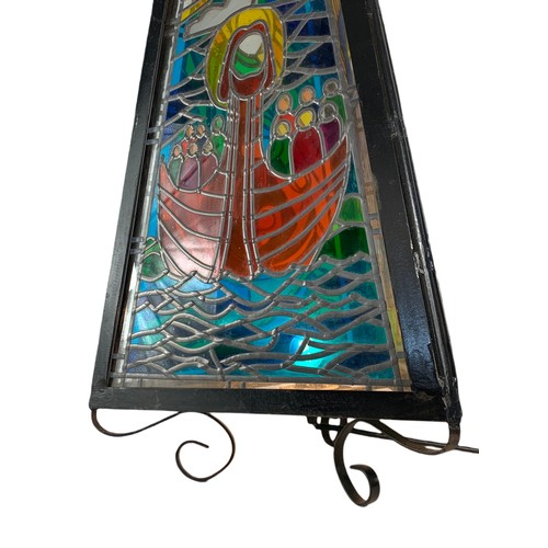 356 - Large religious stain glass light fitting with wrought iron frame. 45/84cm