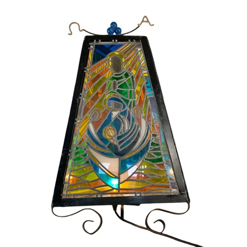 356 - Large religious stain glass light fitting with wrought iron frame. 45/84cm